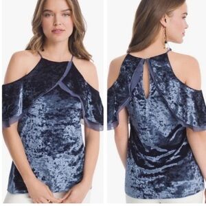 White House Black Market Crushed Blue Velvet Cold Shoulder Blouse